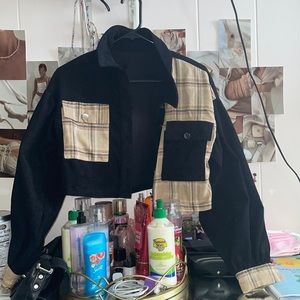 shein cropped half denim half flannel jacket